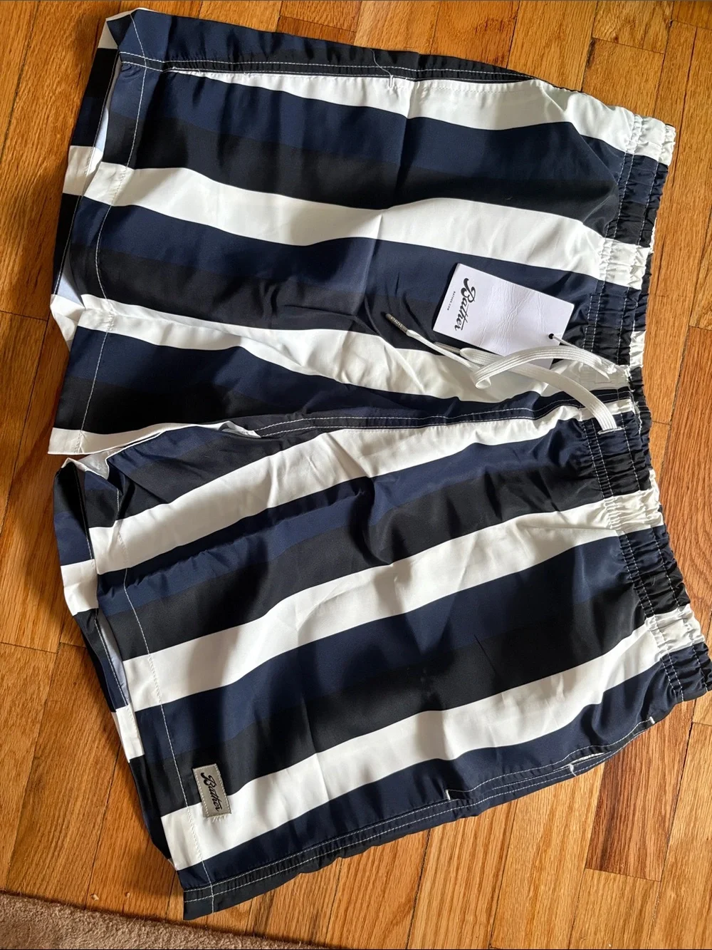 Striped Swim Trunk - Navy Blue / black & White Mens